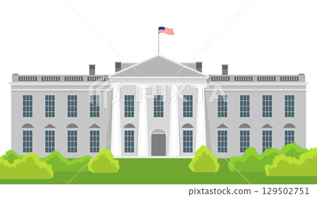 White House US presidential election American flag iconic building front view with garden trees 129502751
