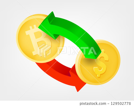 Two arrows with coins. Money exchange concept. 3d vector illustration 129502778