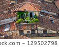 Panoramic view of Lucca, Italy, with red brick rooftops and historic churches seen from above. Tuscan hills and mountains form a stunning summer backdrop under a clear blue sky. 129502798