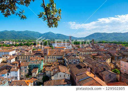 Panoramic view of Lucca, Italy, with red brick rooftops and historic churches seen from above. Tuscan hills and mountains form a stunning summer backdrop under a clear blue sky. 129502805