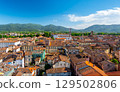 Panoramic view of Lucca, Italy, with red brick rooftops and historic churches seen from above. Tuscan hills and mountains form a stunning summer backdrop under a clear blue sky. 129502806