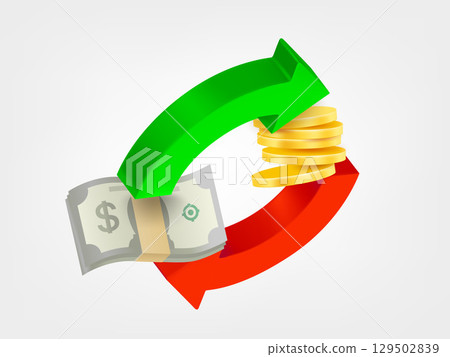 Two arrows with banknotes and coins. Money exchange concept. 3d vector illustration 129502839
