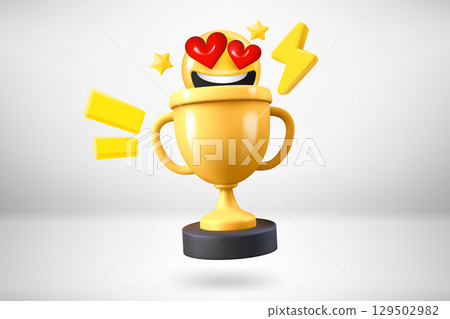 Golden cup with laughing emoticon. 3d vector illustration 129502982