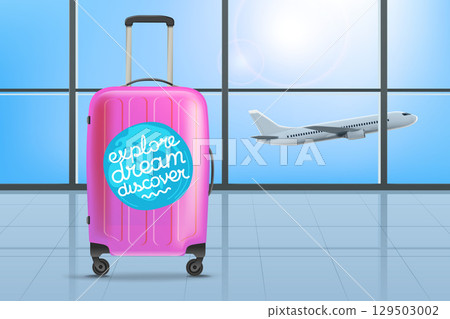 Travel bag in airport. Explore, dream, discover. 3d vector illustration 129503002