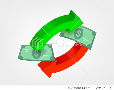 Two arrows with dollar banknotes. Money exchange concept. 3d vector illustration 129503003