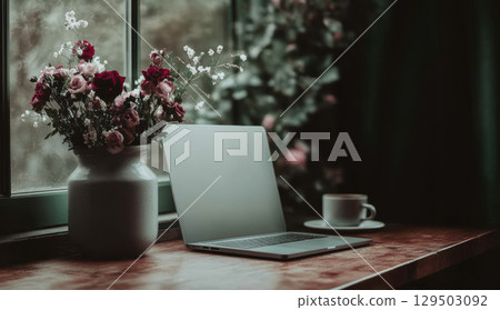 Home workplace with laptop, vase of flowers, coffee cup on wooden table, background Home workplace with laptop, vase of flowers, coffee cup on wooden table, background 129503092