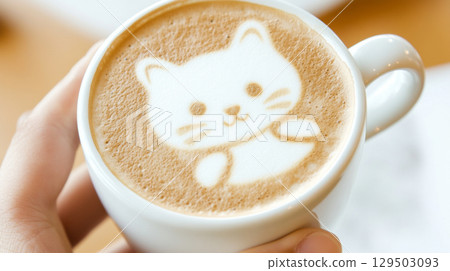 Latte art depicting cute cat face held in female hands with blurred background Latte art depicting cute cat face held in female hands with blurred background 129503093