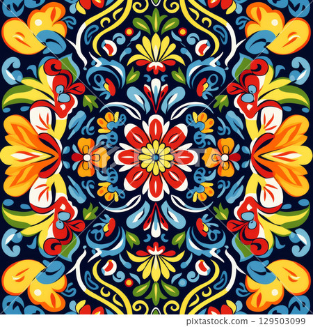 Mexican ceramic tile set with floral and geometric decorative blue red and yellow pattern 129503099