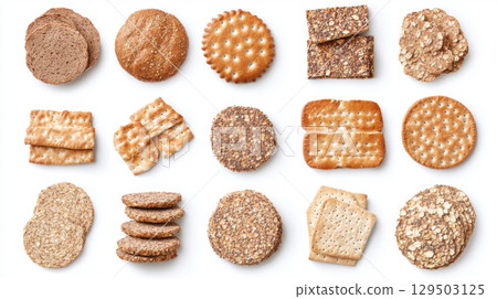 Assortment of diet breads including seed loaf, varieties displayed on white background 129503125