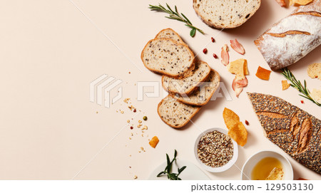 Assortment of diet breads including seed loaf on light background 129503130