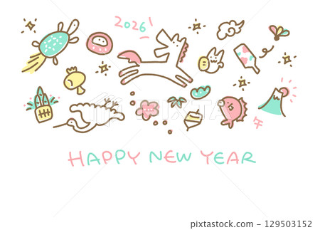 可愛的手繪新年賀卡模板 2026，以馬匹和新年吉祥物為特色 - 柔和的色彩、富士山、鶴和烏龜 129503152