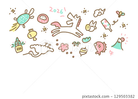 可愛的手繪新年賀卡插圖，上面有馬和新年幸運符 2026 柔和的色彩、富士山、鶴和烏龜 129503382