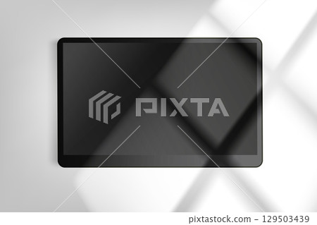 Modern tablet gadget on bright background with window light. 3d vector mockup Modern tablet gadget on bright background with window light. 3d vector mockup 129503439