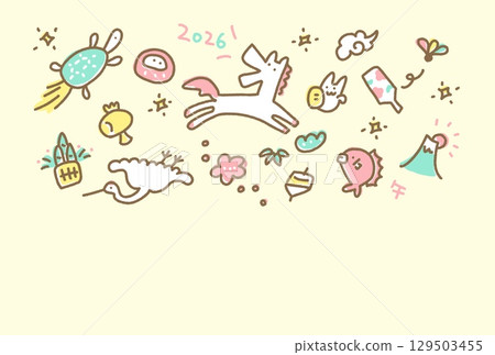 可愛的手繪新年賀卡插圖，上面有馬和新年幸運符 2026 柔和的色彩、富士山、鶴和烏龜 129503455