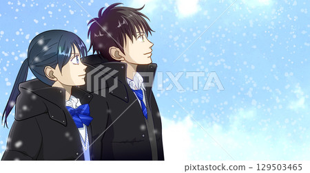 雪花靜靜地飄落，高中或國中男生和女生仰望天空的動漫風格插圖，右側留白 129503465