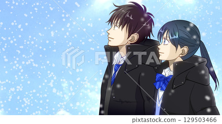 Snow falling quietly, anime-style illustration of high school or junior high school boys and girls looking up at the sky, with white space on the left 129503466