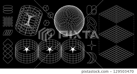 Wireframe geometric shapes in cyber aesthetics 129503470