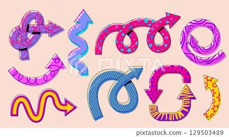 Vibrant arrow designs with retro playful patterns 129503489