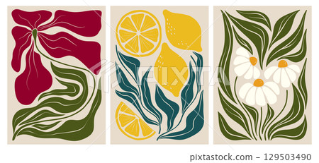 Abstract prints with groovy botanical leaves 129503490