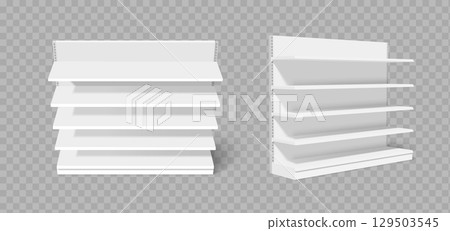 Empty white store shelves with metal brackets Empty white store shelves with metal brackets 129503545