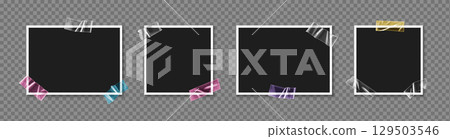 Realistic transparent adhesive tape on photo frame Realistic transparent adhesive tape on photo frame 129503546