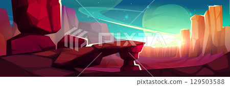 Alien planet landscape with rocky red terrain 129503588