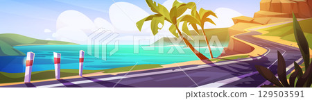 Cartoon road trip scene by sea coast Cartoon road trip scene by sea coast 129503591