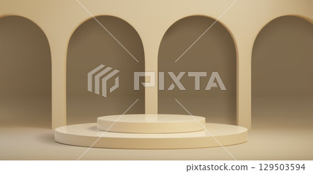 Minimal beige podium display with arch backdrop 129503594