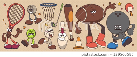 Groovy sport character set with retro mascots 129503595