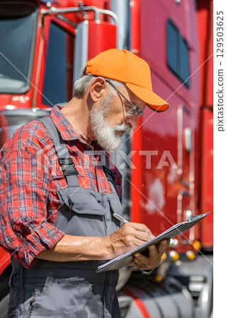 long haul truck driver checking goods manifest with clipboard 129503625