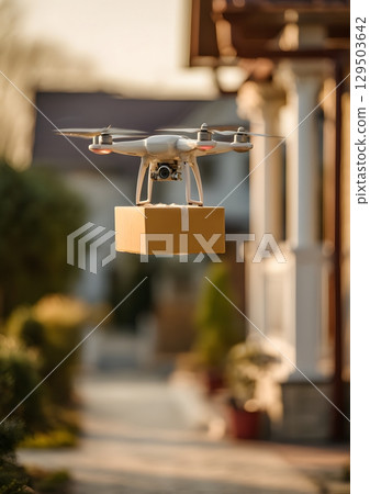 autonomous drone delivering parcel to customer home autonomous drone delivering parcel to customer home 129503642