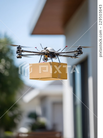 autonomous drone delivering parcel to customer home 129503643
