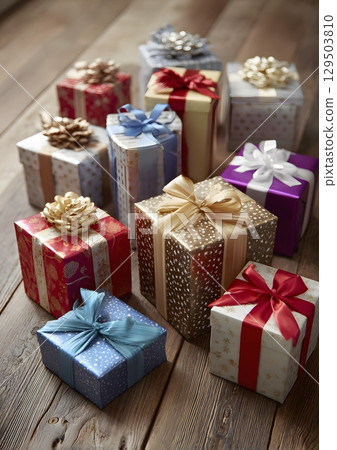 wrapped Christmas gifts with ribbons and bows on wooden floor wrapped Christmas gifts with ribbons and bows on wooden floor 129503810