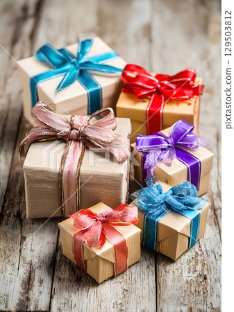 wrapped Christmas gifts with ribbons and bows on wooden floor wrapped Christmas gifts with ribbons and bows on wooden floor 129503812