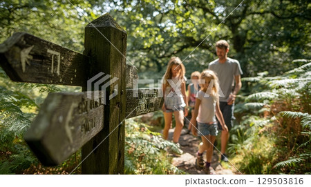 family exploring national park with trail signs family exploring national park with trail signs 129503816