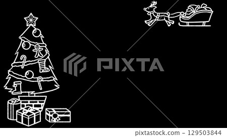Santa Claus and Christmas tree hand-drawn black and white frame, white line drawing [Santa on the top right, tree on the left] 129503844