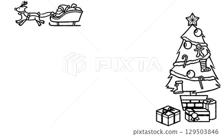 Santa Claus and Christmas tree hand-drawn black and white frame. Black line drawing. [Santa upper left, tree right] 129503846