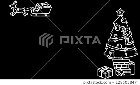 聖誕老人和聖誕樹手繪黑白框，白線畫[聖誕老人左上，樹右] 129503847