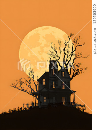 haunted house silhouette with full moon background 129503900