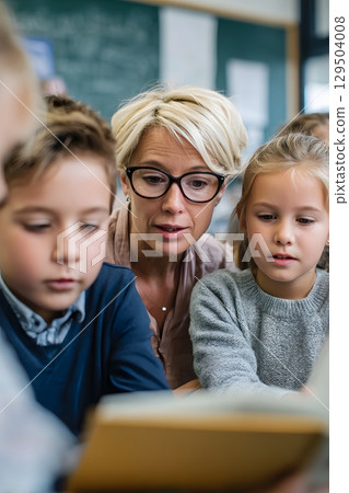 elementary students discussing book with teacher during reading time minimal design 129504008