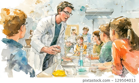science teacher demonstrating experiment students observing attentively watercolor 129504013