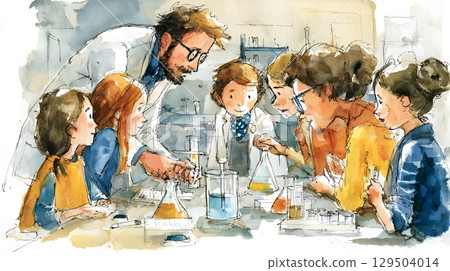science teacher demonstrating experiment students observing attentively watercolor 129504014
