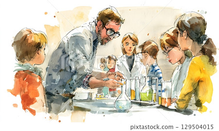science teacher demonstrating experiment students observing attentively watercolor 129504015