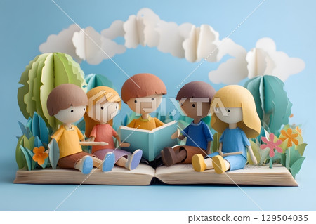 teacher reading book to children during story time paper craft background 129504035