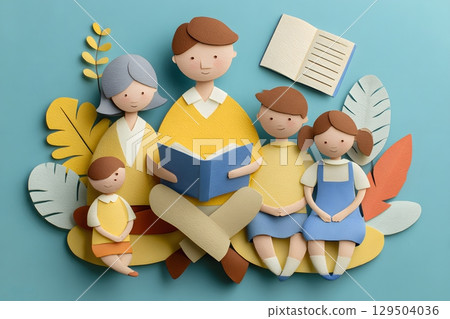 teacher reading book to children during story time paper craft background 129504036