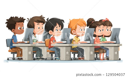 computer class with children typing and learning coding vector clean 129504037