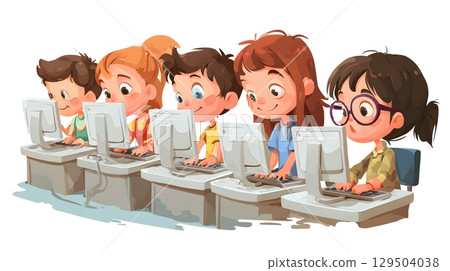 computer class with children typing and learning coding vector clean 129504038