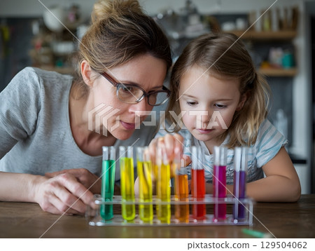 child conducting science test tube activity supervised by mom kitchen background 129504062
