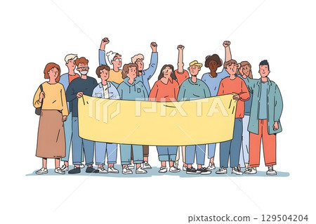 Group of people holding democracy banner in peaceful protest, cartoon style 129504204