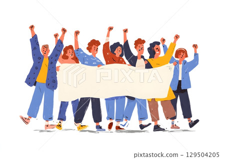 Group of people holding democracy banner in peaceful protest, cartoon style 129504205